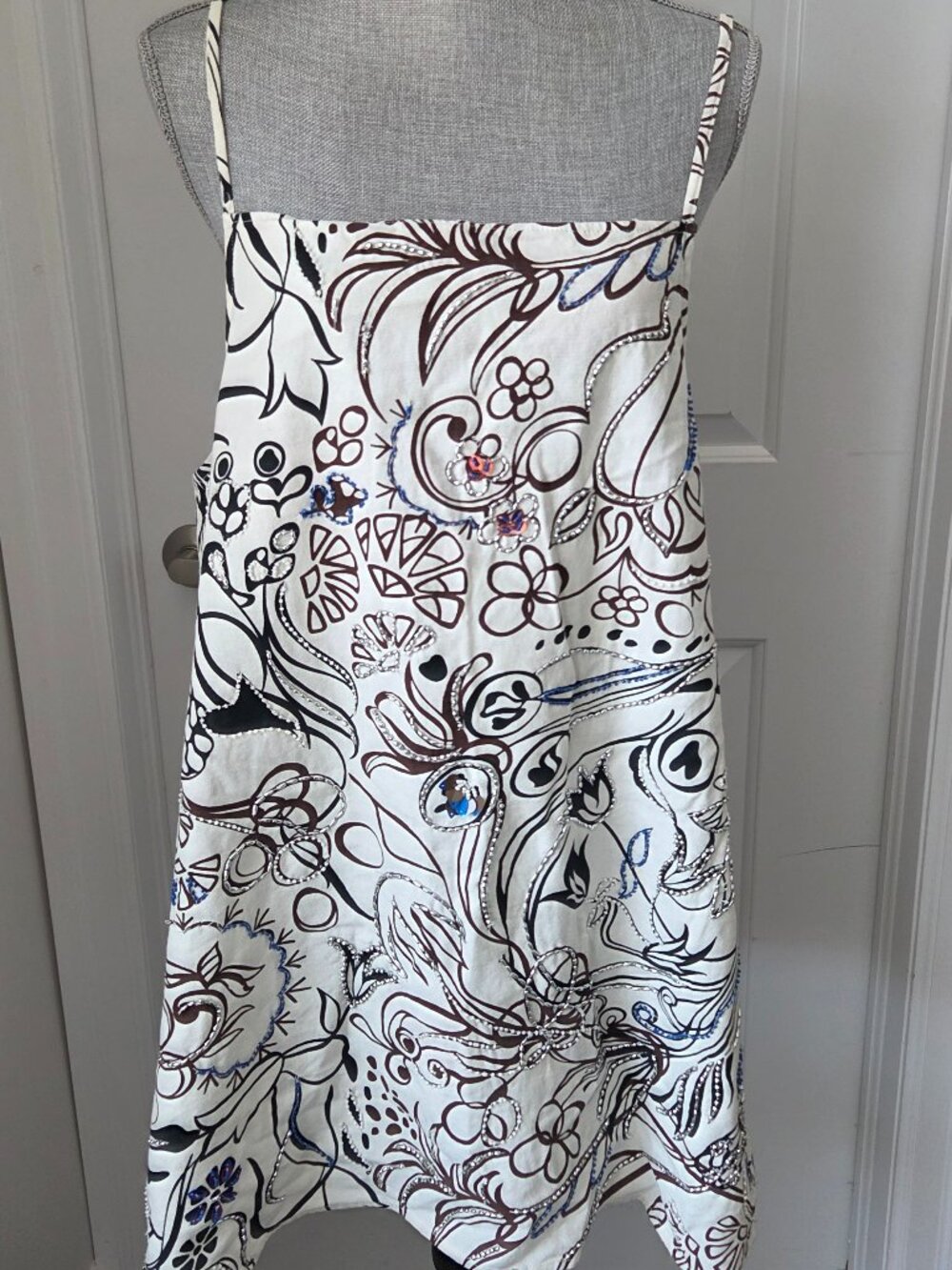 Zara mini beaded shirt dress sequins white brown floral spagetti strap size L